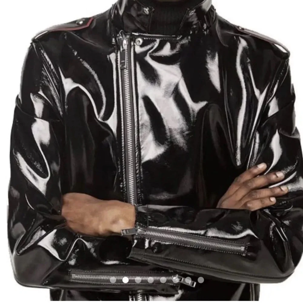 Mens Zara Black Patent Leather Jacket with Red Accents - Size small